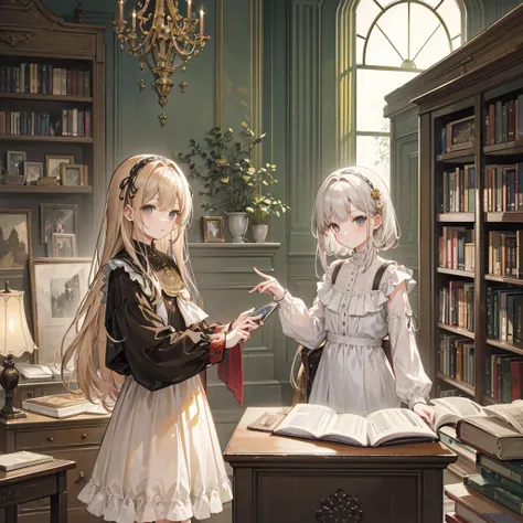 "Create an ultra-high resolution digital illustration in the style of a masterful watercolor painting, depicting a serene and intimate scene of two sisters in a grand, enchanting library. The illustration should seamlessly blend the soft, emotive quality o...