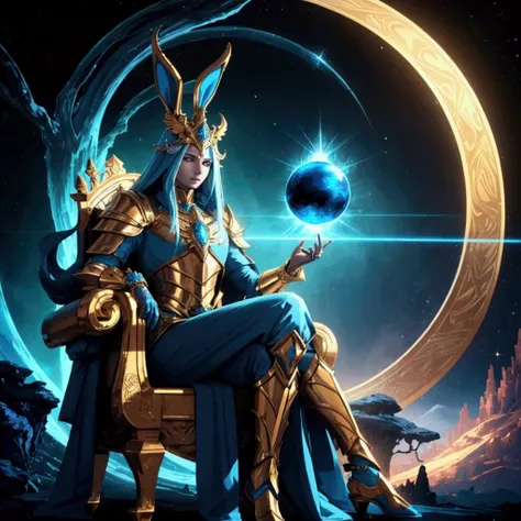 a majestic time deity with an anthropomorphic rabbit appearance, wearing intricate, glowing blue-accented armor, sitting on a golden throne with an intricate time staff, set against a vibrant, otherworldly landscape with swirling celestial bodies