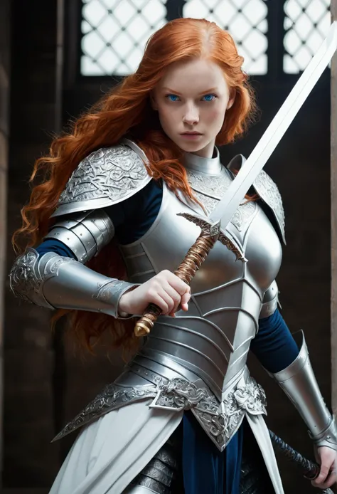 Armored white shaved redhead girl with blue  eyes killing evil monsters with a sword