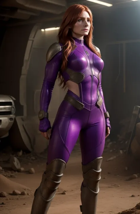 ( wasteland )  Bryce Dallas Howard em um purple bodysuit tong, thighs exposed, athletic body, Smoothly defined musculature, head spun to the side, long  hair, Front view, full body perspective, 32K Realism