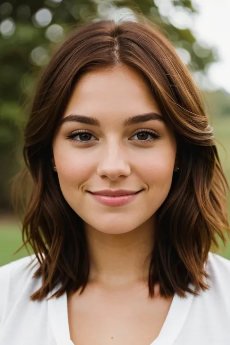 A portrait of a young woman with dark auburn hair and dimples, hazel eyes