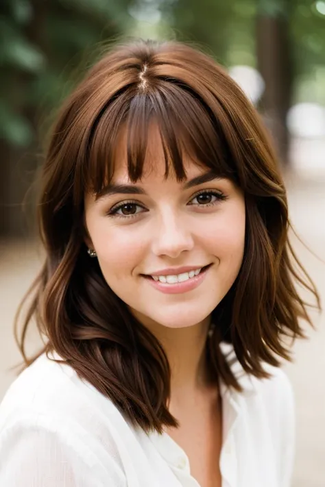 A portrait of a young woman with dark auburn hair and dimples