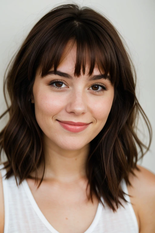 A portrait of a young woman with short messy dark auburn hair and dimples