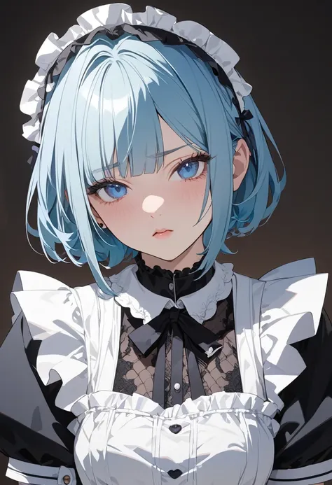 one girl, solo, hide your ears, blue eyes, sleepy, expression, simple background, character portrait, chest girth, maid head acc...