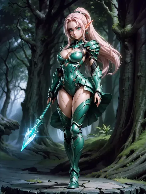 (((Masterpiece, best quality, high detailed, 8k))) Design a layout showcase Gaming character, (1girl). Light pink hair, green eyes, wearing a futuristic armor, wielding an empowering spear. (masterpiece:1.2), (best quality), ultra-detailed. (Step by step d...