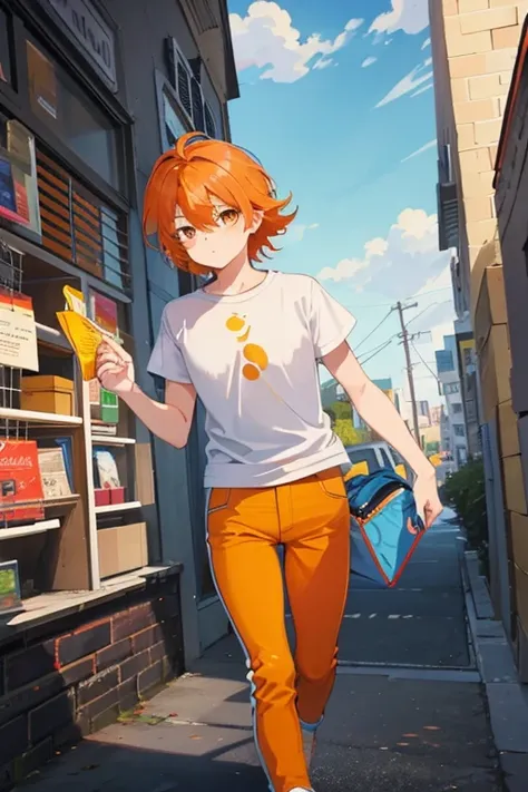 undefined, undefined, undefined, undefined, undefined, undefined, undefined, undefined, orange hair, orange eyes, lite blue tee, yellow pants,undefined, 