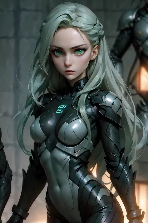 (best quality,realistic:1.37), solo female, full-body, long silver hair, light green eyes, emotionless expression, perfect face, bodysuit armor, amber glowing parts, sci-fi style, vibrant colors, futuristic lighting, detailed hair strands, metallic texture...