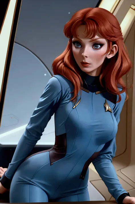 (beverly crusher, age 25, sexy revealing star fleet uniform) being a sexy smoldering hot seductress as she goes about her duties...