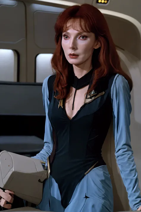 (beverly crusher, age 25, sexy revealing star fleet uniform) being a sexy smoldering hot seductress as she goes about her duties...