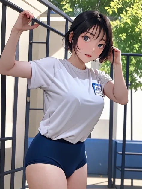 masterpiece, best quality, highres,30-year-old,Sexy pose,Unusually beautiful and large eyes,A well-balanced and toned body,hanazawakana,(buruma:1.5),blue buruma,gym uniform,outdoors,standing, cowboy shot,