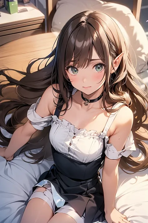 looking at the audience　　　Black suspenders　　　Medium and prominent breasts　　 　 　　　wand 　mini-skirt　　　long brown hair, elf ear, greeneyes,　　　　vision　　　Small face　 　　　　beautfull woman　　Show your hand　　 lying in the bed　　vision 　　provocation　boku　boku汗 　arm　 t...