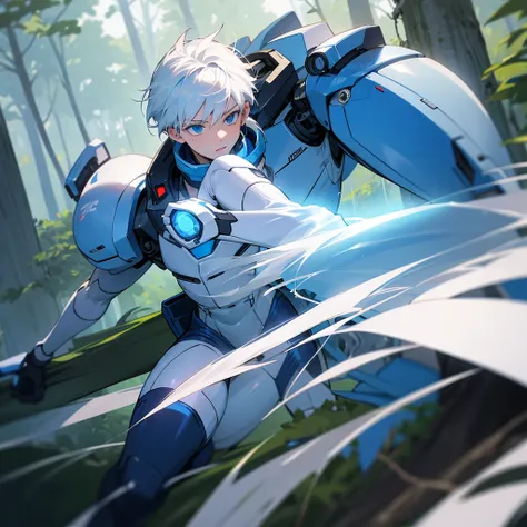 16 year old boy white hair-blue eyes ,working out, outdoors in the forest running into a white-haired, blue-eyed girl wearing a tight white suit, face to face , hd quality, Super detailed, High quality