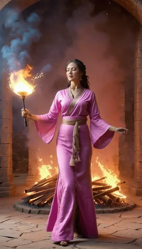 beautiful woman priestess wearing a pink shirt standing in front of fire, dancing, waving a fan, fans are burning, flames engulf...