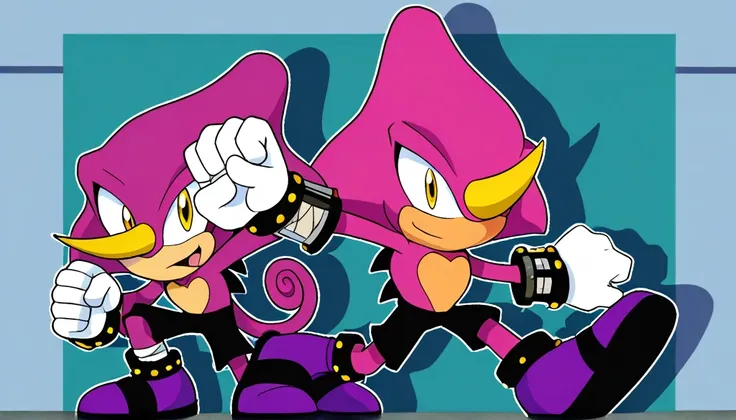 Espio the chameleon, wearing black shorts, in the cyberspace￼, cgi backround, doing a dyamic pose,