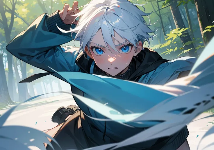 16 year old boy white hair-blue eyes ,working out, outdoors in the forest running into a girl with white hair and blue eyes face to face  , hd quality, Super detailed, High quality