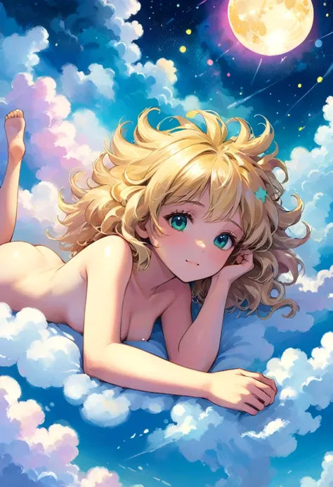 a beautiful 20 year old blonde woman with big messy hair, laying on a fluffy cloud in the sky, clouds cover her nude body, with glowing moon and twinkling stars, with a small cityscape below, fantasy art style, rossdraws cartoon vibrant , cute detailed dig...