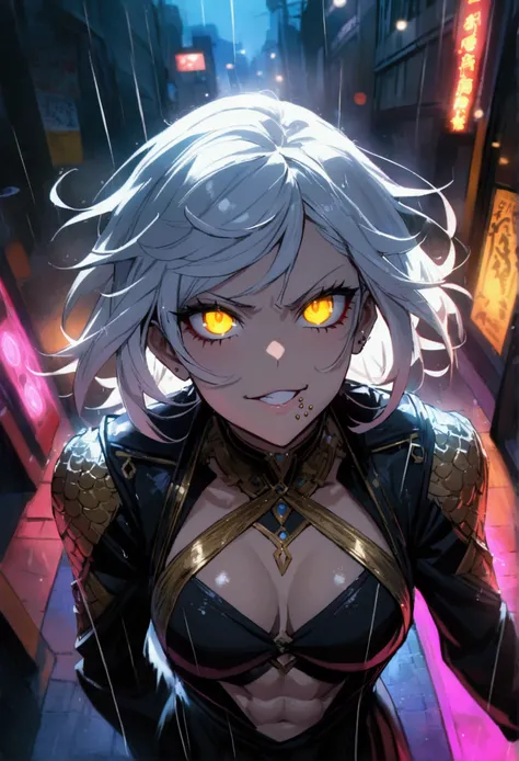 anime women, dark outfit with red and blue details, white hair, (golden dragon eyes) standing in a rain soaked, city street at night, cinematic lighting (best quality:1.2)detailed, neon lights, vivid colors,bokeh, angry looking face with smirk on mouth, pi...