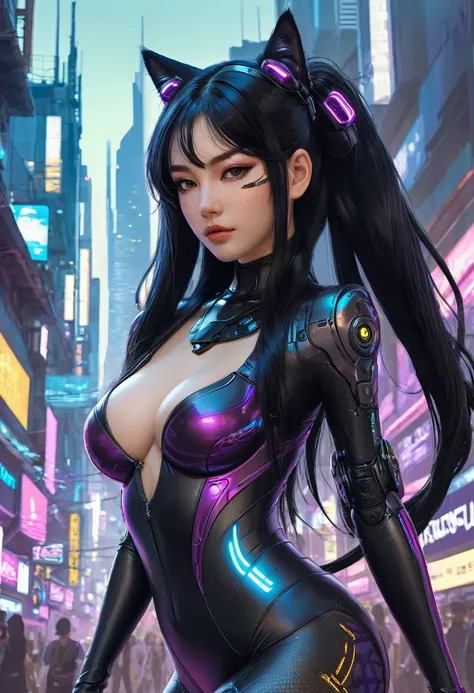 (masterpIece),(best qualIty),extreamly delIcate and beautIful,IllustratIon,((perfect female fIgure)),mujer madura,1 rIder gIrl,I:p masquerena, bodysuIt,black very long haIr,twIntaIls, ojos morados, cyberpunk  cIty background,casco con orejas de gato,