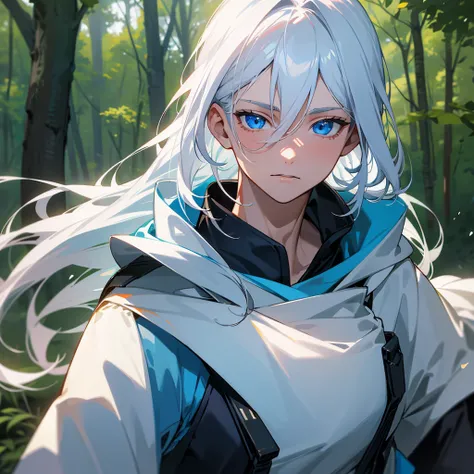 16 year old boy white hair-blue eyes ,working out, outdoors in the forest bumping into a beautiful 16 year old woman with long white hair-blue eyes face to face  , hd quality, Super detailed, extremely high quality, perfect detailed 