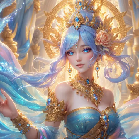 Woman in blue dress holding glowing ball in front of castle, Beautiful Fantasy Empress, goddess of light, beautiful heavenly mage, beautiful goddess, goddess. Very high detail, extremely detailed goddess shot, artgerm from artstation pixiv, Fantasy anime a...