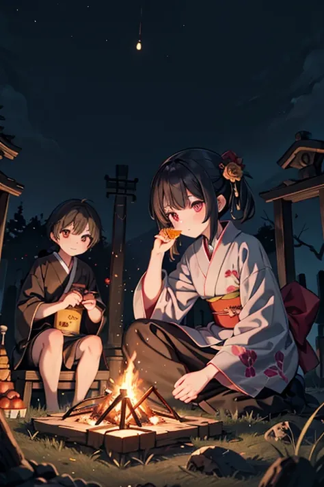 horror anime style, super fine illustration, masterpiece,best quality,highly detailed, dynamic angle, beautiful detailed, 8k, On a summer night, in a graveyard,scary ghost is having a feast. BREAK she enjoy snack and orenge juice around a campfire, having ...