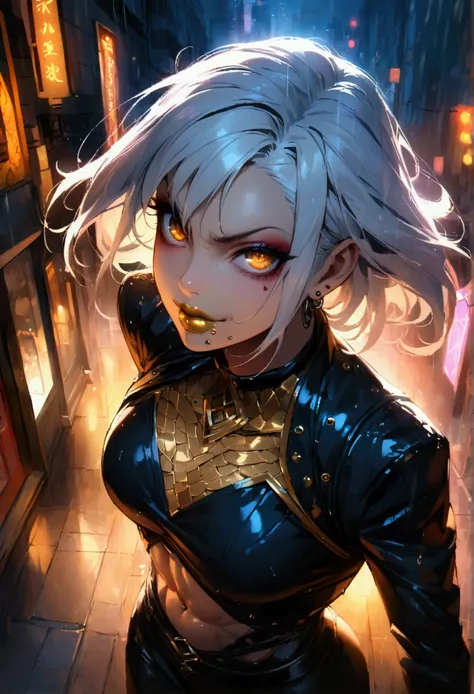 anime women, dark outfit with red and blue details, white hair, (golden dragon eyes) standing in a rain soaked, city street at night, cinematic lighting (best quality:1.2)detailed, neon lights, vivid colors,bokeh, angry looking face with smirk on mouth, pi...