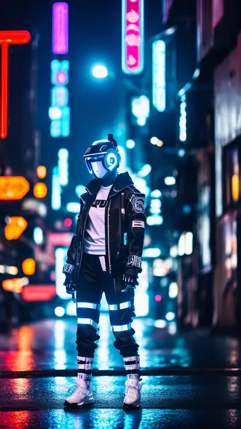 a cyberpunk woman, full body, around 20 years old, 60 kilos, Calcasian of European origin, wearing white and black streetwear clothes, has a technological helmet that resembles a panda, in a cyberpunk urban city, on a rainy night, neon lights blue, artific...