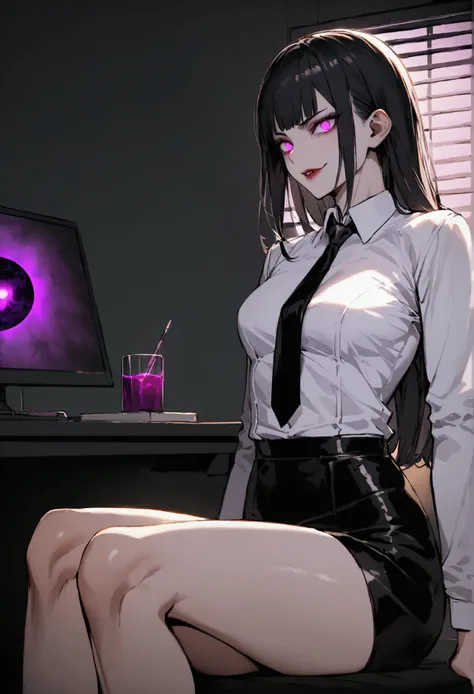 Medium chest, side profile, take off clothes jury han , han, work of art, tight white secretary shirt with black tie, black high waist skirt, short skirt,stocking, black hair, black tightscary sun,office,bangs on the eyes,Lighting,horn of hair,evil smile,s...