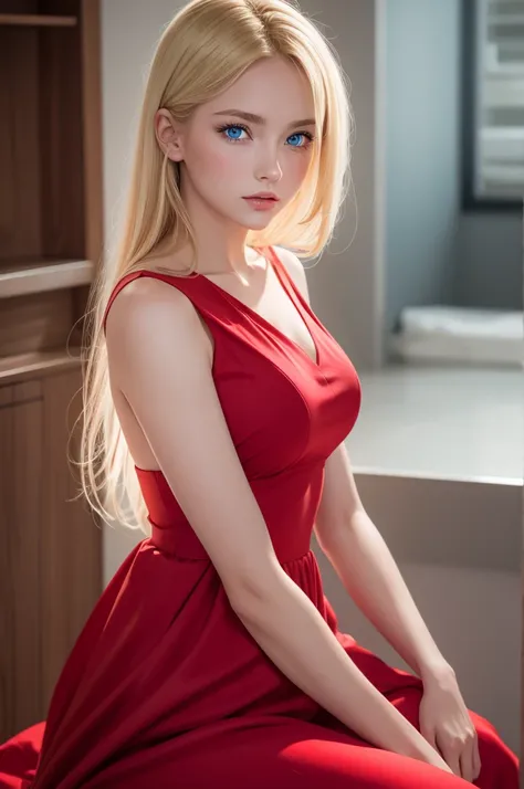 Natural blonde girl with blue eyes and red dress 