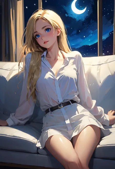 very sexy girl, long blonde hair, very small breasts, on a sofa, dressed only in an open white shirt, very thin, eroticism, sexy and powerful composition, emotional impact ((from below)), magic, fantastic, night sky window, moon, stars, background, alone, ...