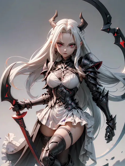  (((Masterpiece, best quality, 16k))) female character with long white hair and piercing red eyes. She wears a demonic armor in purple, black, and white.  wields a large, stylized scythe. The character has a menacing expression, with a chaotic environment ...