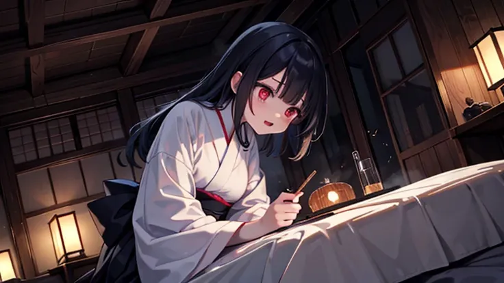 horror anime style, super fine illustration, masterpiece,best quality,highly detailed, dynamic angle, beautiful detailed, 8k, On a summer night, in Japanese-style room,scary ghost is having a feast. BREAK she talk about ghost stories around candles, having...