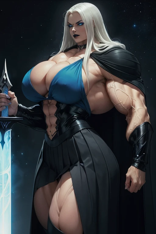 ((Close-up)), tall, (White hair) beautiful muscular woman, long straight hair, light brown skinned, closed smile, big breast, (black lipstick), (massive muscles), (hyper muscle), ((ginormous bulky muscles)), glowing blue eyes, ((black hooded coat and long ...