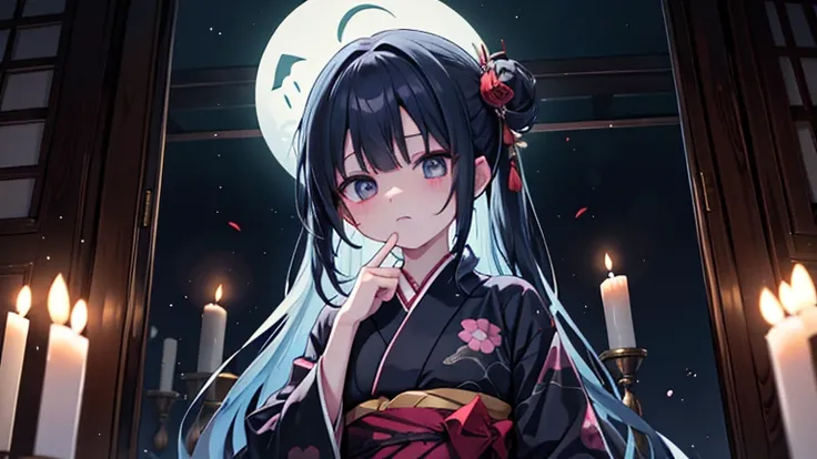 horror anime style, super fine illustration, masterpiece,best quality,highly detailed, dynamic angle, beautiful detailed, 8k, On a summer night, in Japanese-style room,scary ghost is having a feast. BREAK she talk about ghost stories around candles, having...