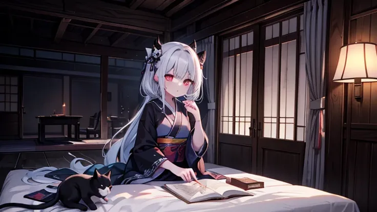 horror anime style, super fine illustration, masterpiece,best quality,highly detailed, dynamic angle, beautiful detailed, 8k, On a summer night, in Japanese-style room,scary ghost is having a feast. BREAK she talk about ghost stories around candles, having...