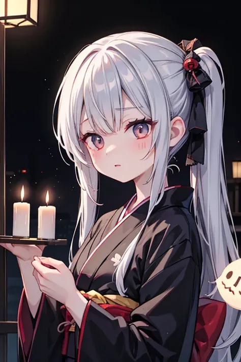 horror anime style, super fine illustration, masterpiece,best quality,highly detailed, dynamic angle, beautiful detailed, 8k, On a summer night, in Japanese-style room,scary ghost is having a feast. BREAK she talk about ghost stories around candles, having...