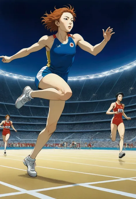 Olympic Games, Athletes in the competition, full body, cinematic still, by Naoki Urasawa, (best quality, masterpiece, photorealistic), very aesthetic, perfect composition, intricate details, ultra-detailed, vivid colors