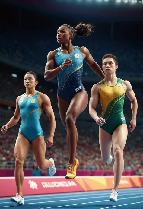 Olympic Games, Athletes in the competition, full body, cinematic still, by ruan_jia, (best quality, masterpiece, photorealistic), very aesthetic, perfect composition, intricate details, ultra-detailed, vivid colors