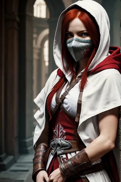 young woman, red hair, white hood, face mask, assassins creed style, realistic, arms crossed, beautiful eyes, HD