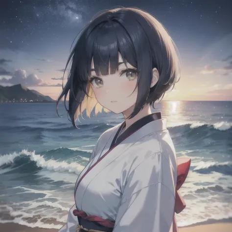 a beautiful woman with short hair straight bangs gently over the eyebrows, long side bangs and hair height following the face line, with Japanese style clothes, charming deep eyes, sea waves on the beach, night sky