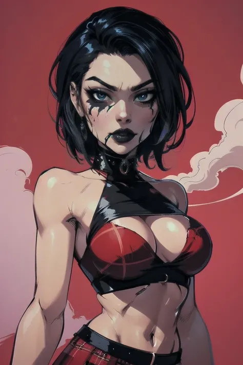 a woman with short black hair, hair on shoulders,  wearing a red cropped  and plaid skirt, blue eyes, zombie art, gothic art, cute aesthetic with vibe, toon aesthetic, wearing red costume, wearing gothic accessories, look like Cassie Hack, upper body, red ...