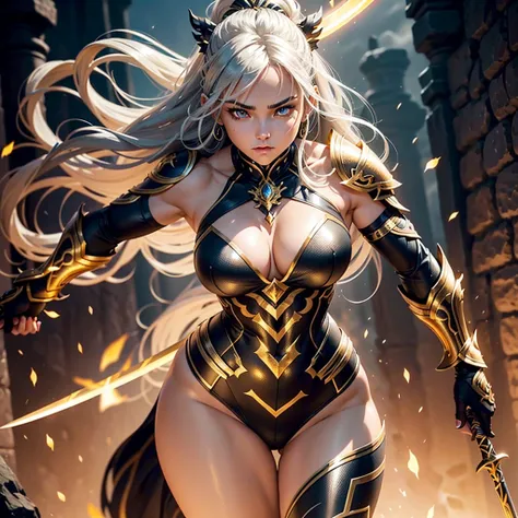 stunning 18-year-old female warrior with flowing, luminous silver hair that glows with golden and black highlights, symbolizing the fusion of light and darkness. Her eyes shine with a golden hue, mixed with deep red tones, reflecting her dual power. Her sk...