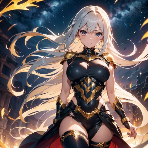 stunning 18-year-old female warrior with flowing, luminous silver hair that glows with golden and black highlights, symbolizing the fusion of light and darkness. Her eyes shine with a golden hue, mixed with deep red tones, reflecting her dual power. Her sk...