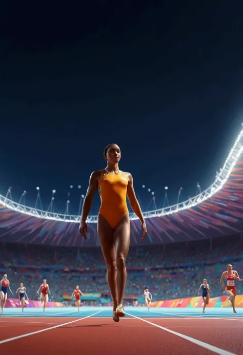 Olympic Games, Athletes in the competition, full body, cinematic still, by Atey Ghailan, (best quality, masterpiece, photorealistic), very aesthetic, perfect composition, intricate details, ultra-detailed, vivid colors