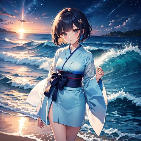 a beautiful woman with short hair straight bangs gently over the eyebrows, long side bangs and hair height following the face line, with Japanese style clothes, charming deep eyes, sea waves on the beach, night sky