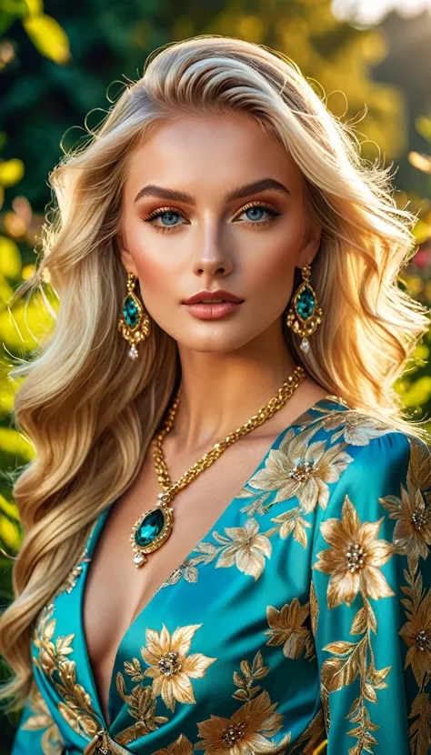 a beautiful blonde woman, long hair, eye catching outfit, wearing beautiful clothing and jewelry, posing for an Instagram photo, professional model, high quality photography, masterpiece, outdoor setting, natural lighting, flawless skin, cinematic composit...