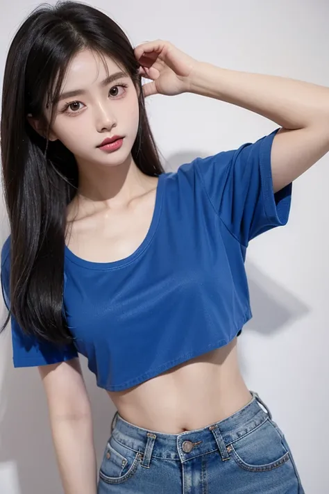 A woman wearing a blue shirt and jean shorts poses for a photo., With a torn cropped t-shirt, blue tight t-shirt, Korean female fashion model, Wear a sexy crop top., Korean girl, Wear a crop top., หญิงKorean girlที่งดงาม, Wear a crop top., Tzuyu from two t...