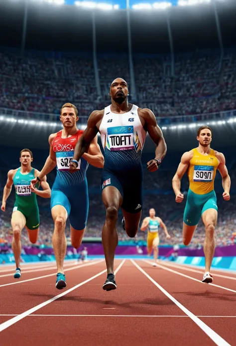 Olympic Games, Athletes in the competition, full body, cinematic still, by Sam_Toft, (best quality, masterpiece, photorealistic), very aesthetic, perfect composition, intricate details, ultra-detailed, vivid colors