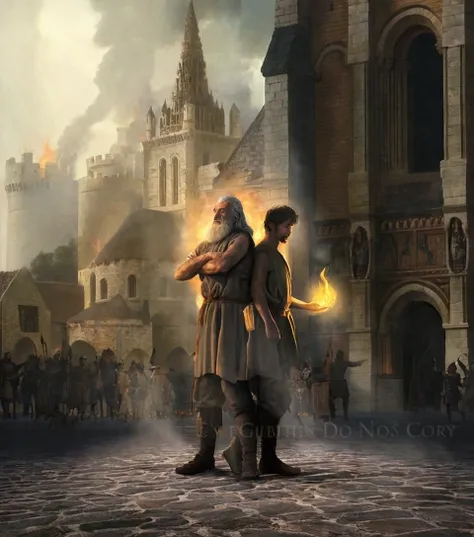 there are two people in front of a castle with fire, an ancient city on fire, medieval fantasy illustration, in a medieval city, medieval fantasy art, Sylvain Sarrailh e Igor Morski, medieval concept art, Gandalf attacks ancient Athens, Petros e Leonid, pr...