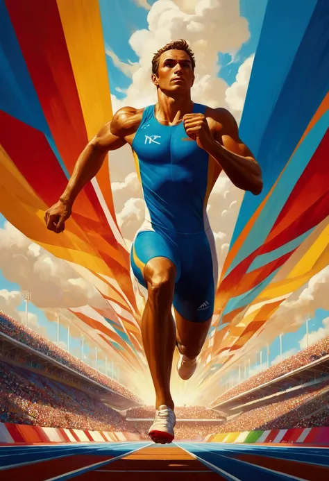 Olympic Games, Athletes in the competition, full body, cinematic still, by rhads, (best quality, masterpiece, photorealistic), very aesthetic, perfect composition, intricate details, ultra-detailed, vivid colors